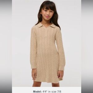NWT Abercrombie Kids Girls Cable Sweater Dress Long -Sleeve Collared Tan 7/8